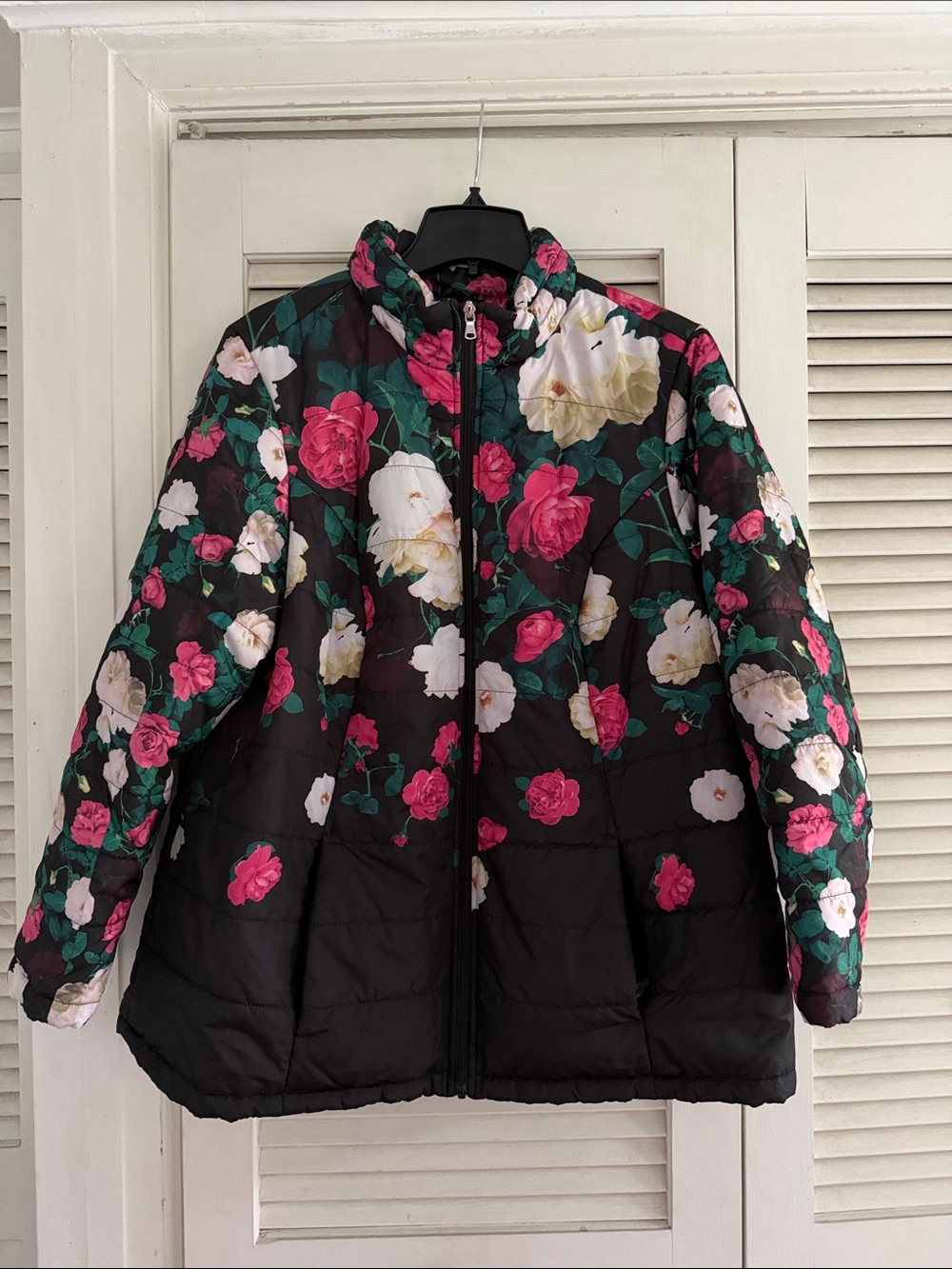 Isaac Mizrahi Black Floral Packable Quilted Puffer Jacket XL
